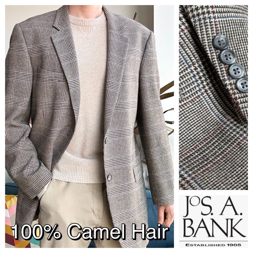 Jos A Bank 44L Beige Blue 100% Camel Hair Sport Coat Glen Check Pattern